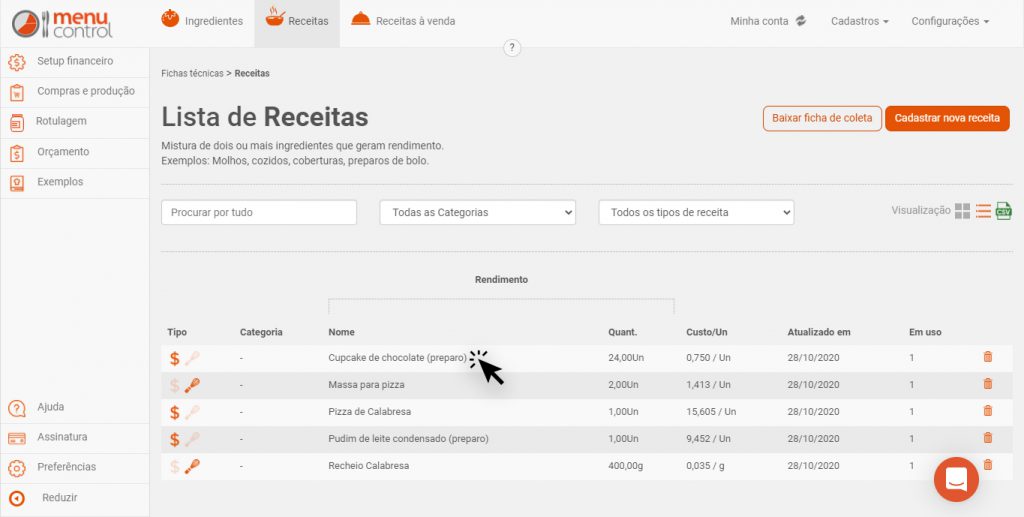 selecionar receita na lista